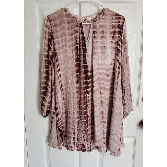 Umgee Blouse Womens Large Tie Dyed Tunic Keyhole Neck Flowy Gauzy Beige Brown - Picture 1 of 7